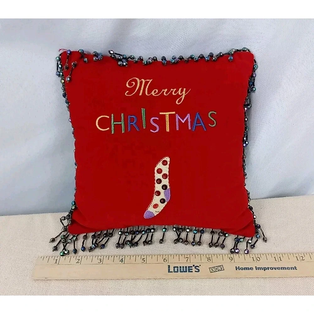 VTG Red Beaded Velvet Pillow Merry Christmas Small Sequin‎ Stocking Throw Pillow